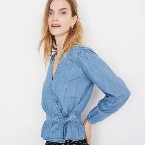 NWOT Madewell Denim Puff-Sleeve Peplum Wrap Top